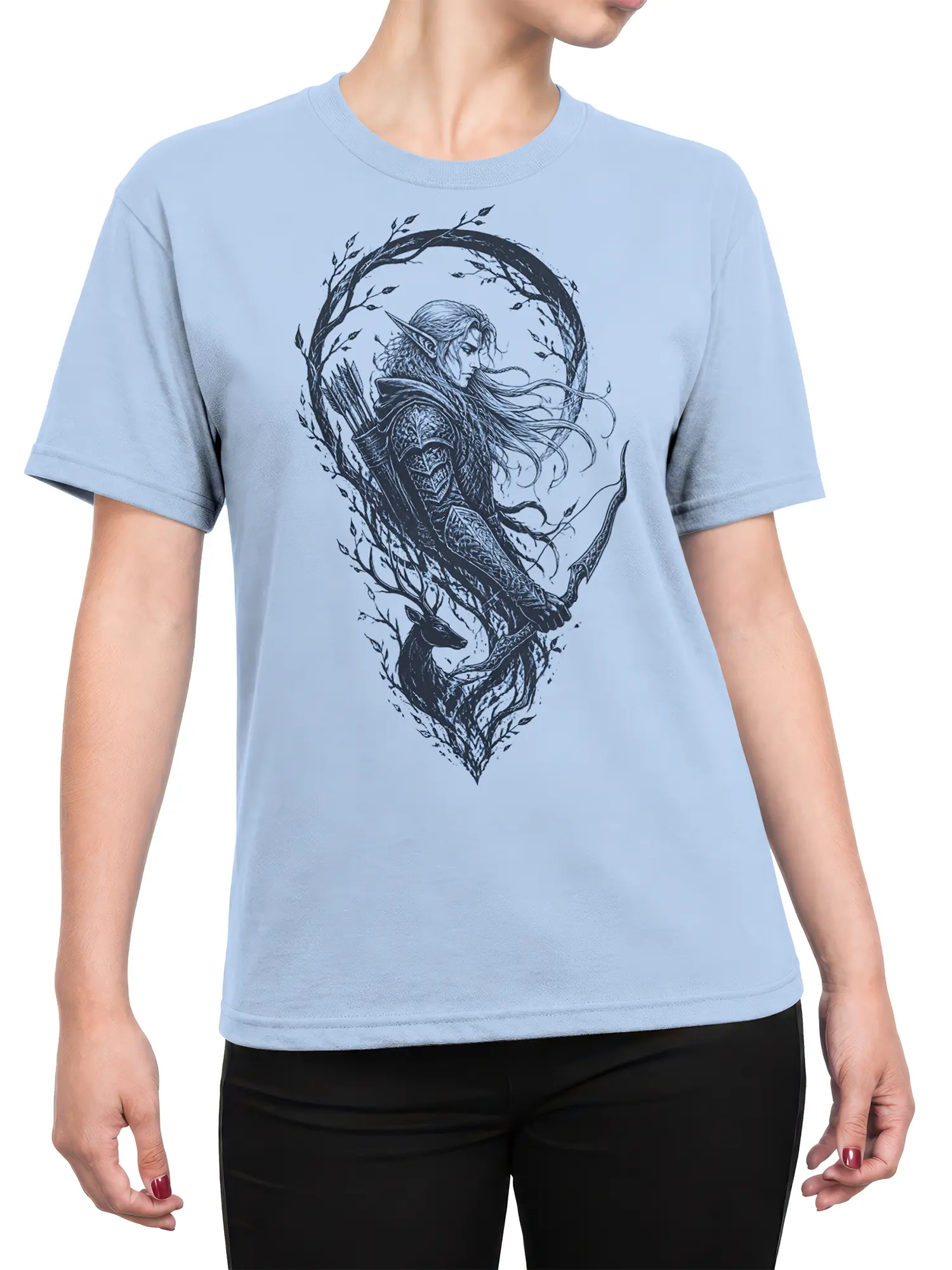 Female torso wearing a light blue T-shirt with a detailed elf archer, bow, deer, and woodland frame design
