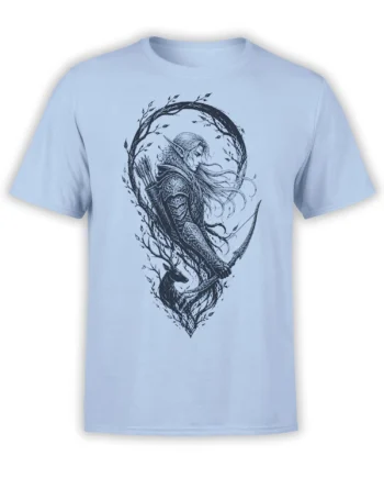 Elf archer with bow, arrows, deer, and leafy woodland frame printed on a light blue T-shirt