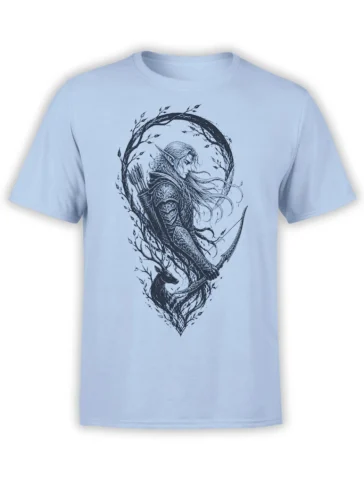 Elf archer with bow, arrows, deer, and leafy woodland frame printed on a light blue T-shirt