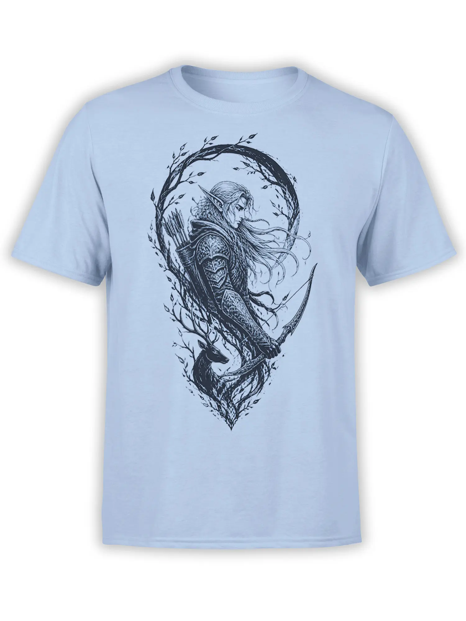 Elf archer with bow, arrows, deer, and leafy woodland frame printed on a light blue T-shirt