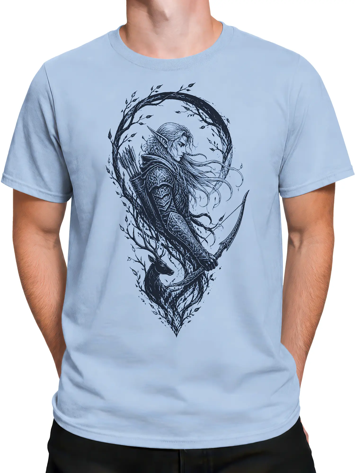 Male torso wearing a light blue T-shirt with dark elf archer and deer woodland artwork