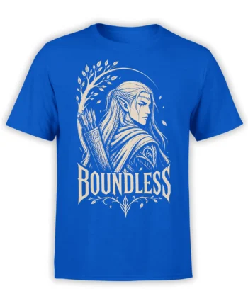 Blue fantasy T-shirt with cream elf archer artwork, leafy branches, arrows, and BOUNDLESS lettering