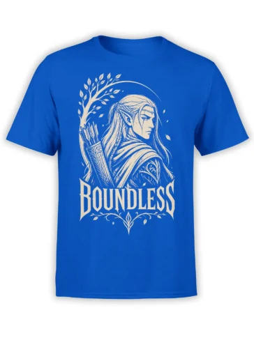 Blue fantasy T-shirt with cream elf archer artwork, leafy branches, arrows, and BOUNDLESS lettering