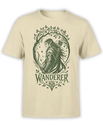 Beige fantasy T-shirt with a green elven archer, leafy forest frame, bow, quiver, and WANDERER text
