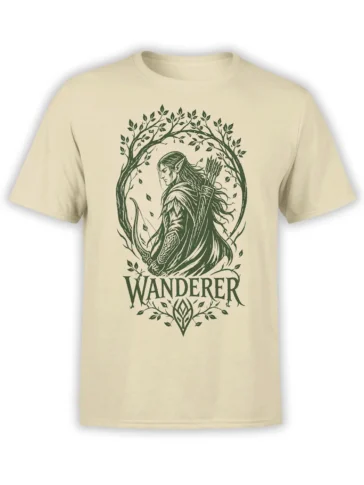 Beige fantasy T-shirt with a green elven archer, leafy forest frame, bow, quiver, and WANDERER text