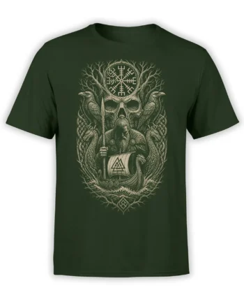 Dark green Viking t-shirt with a bearded warrior, ravens, dragons, longship, skull, and rune-like symbol