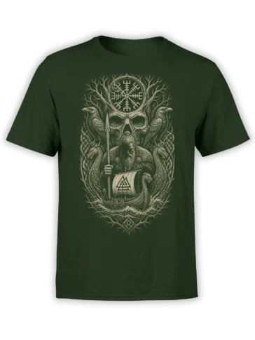 Dark green Viking t-shirt with a bearded warrior, ravens, dragons, longship, skull, and rune-like symbol
