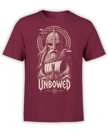 Unbowed Viking warrior T-shirt in burgundy with ravens, runes, and a longship in cream