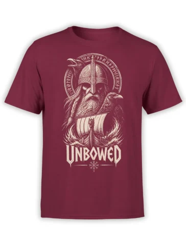 Unbowed Viking warrior T-shirt in burgundy with ravens, runes, and a longship in cream