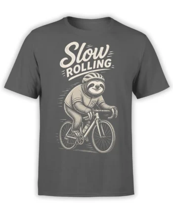 Gray T-shirt with a smiling sloth riding a bicycle beneath the words “Slow Rolling”