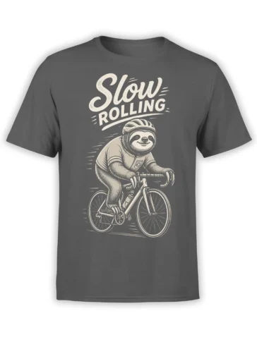 Gray T-shirt with a smiling sloth riding a bicycle beneath the words “Slow Rolling”