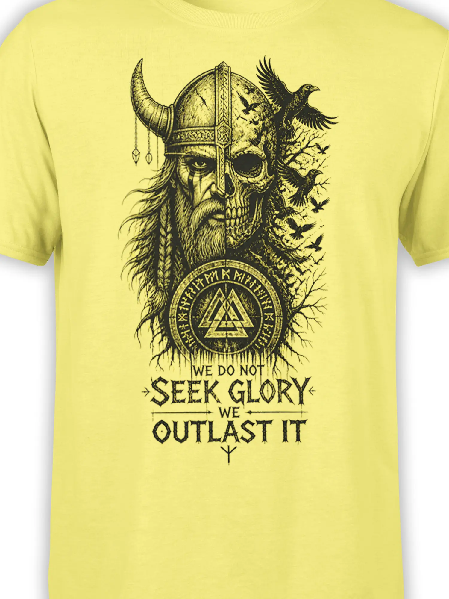 Close-up of yellow Viking shirt artwork showing the horned warrior, skull, ravens, runes, and survival message