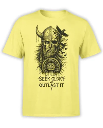 Yellow Viking T-shirt with a split warrior and skull portrait, ravens, runes, and an outlast glory message