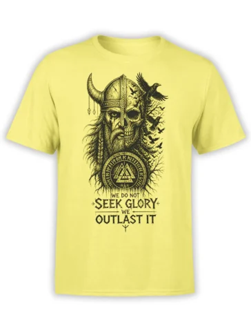 Yellow Viking T-shirt with a split warrior and skull portrait, ravens, runes, and an outlast glory message