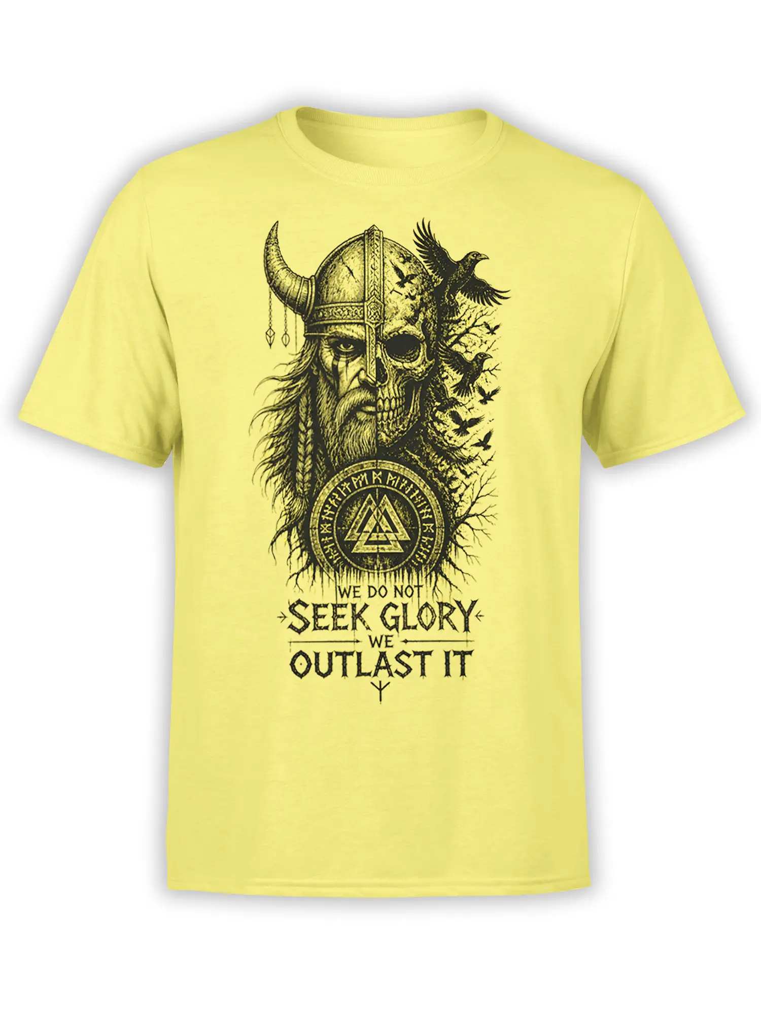 Yellow Viking T-shirt with a split warrior and skull portrait, ravens, runes, and an outlast glory message