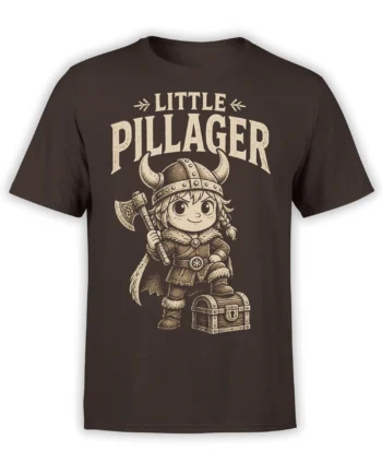 Brown Viking T-shirt with a little pillager in a horned helmet, holding an axe beside a treasure chest