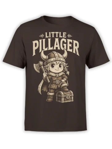 Brown Viking T-shirt with a little pillager in a horned helmet, holding an axe beside a treasure chest