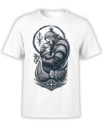 White Viking T-shirt with a bearded father holding his child beside a longship and runic symbols