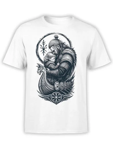 White Viking T-shirt with a bearded father holding his child beside a longship and runic symbols