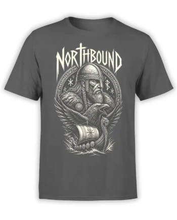 Gray Viking t-shirt with a helmeted warrior, raven, longship, runic details, and NORTHBOUND lettering