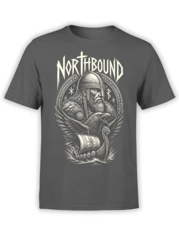 Gray Viking t-shirt with a helmeted warrior, raven, longship, runic details, and NORTHBOUND lettering