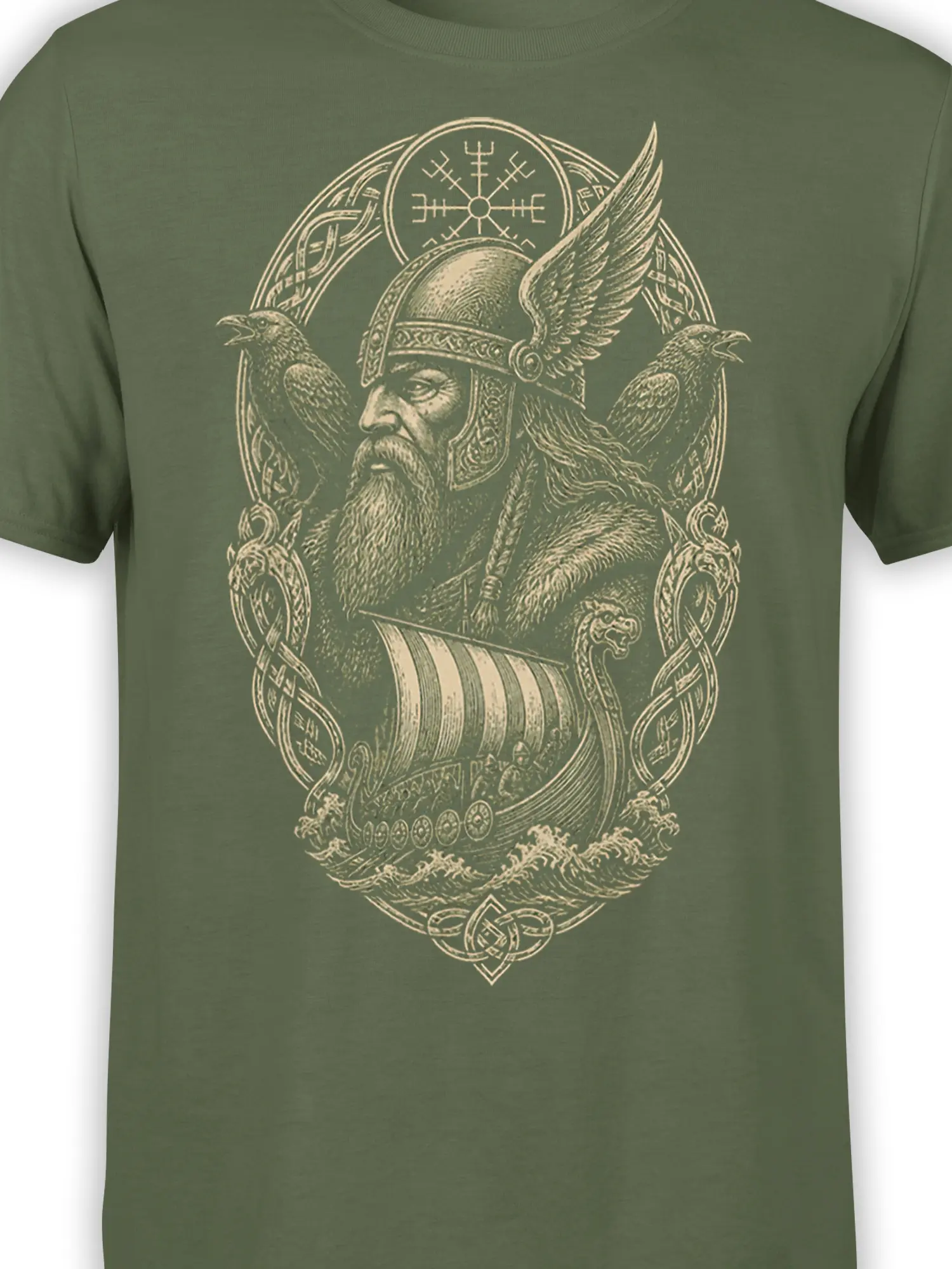 Close-up of Viking warrior, ravens, longship, and Nordic symbols on a green graphic T-shirt