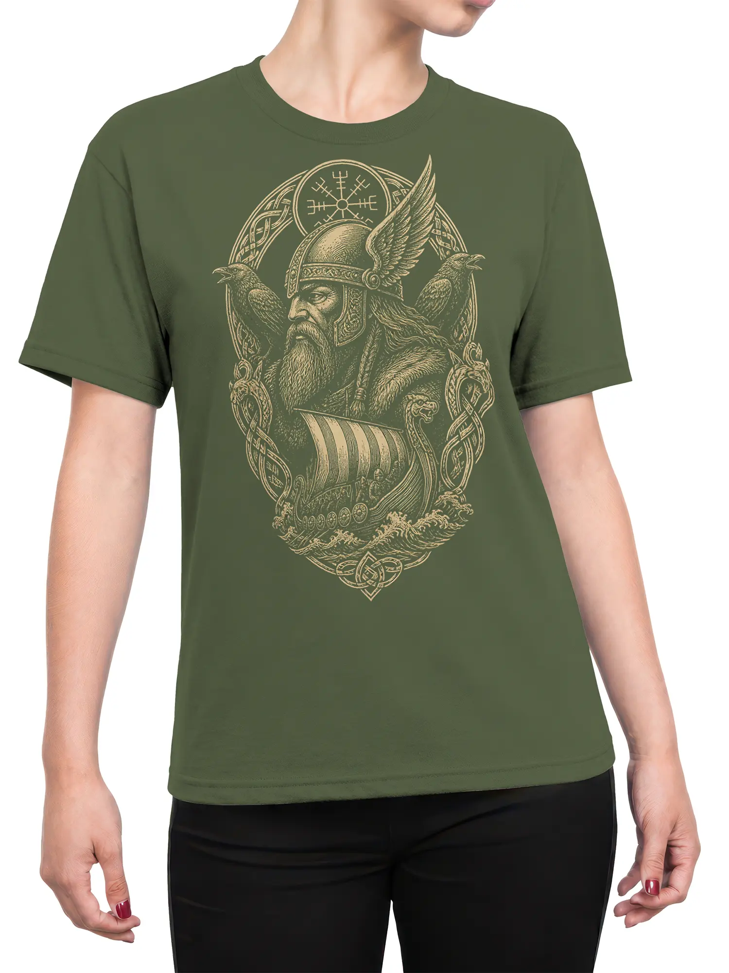Female torso wearing a green Viking T-shirt with warrior, ravens, longship, and Nordic symbol artwork
