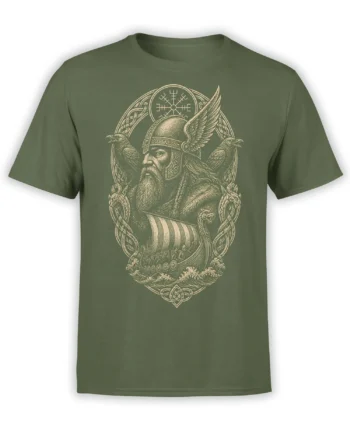 Green Viking T-shirt with bearded warrior, two ravens, longship, and Nordic symbols in cream artwork