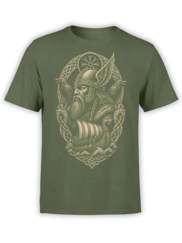 Green Viking T-shirt with bearded warrior, two ravens, longship, and Nordic symbols in cream artwork