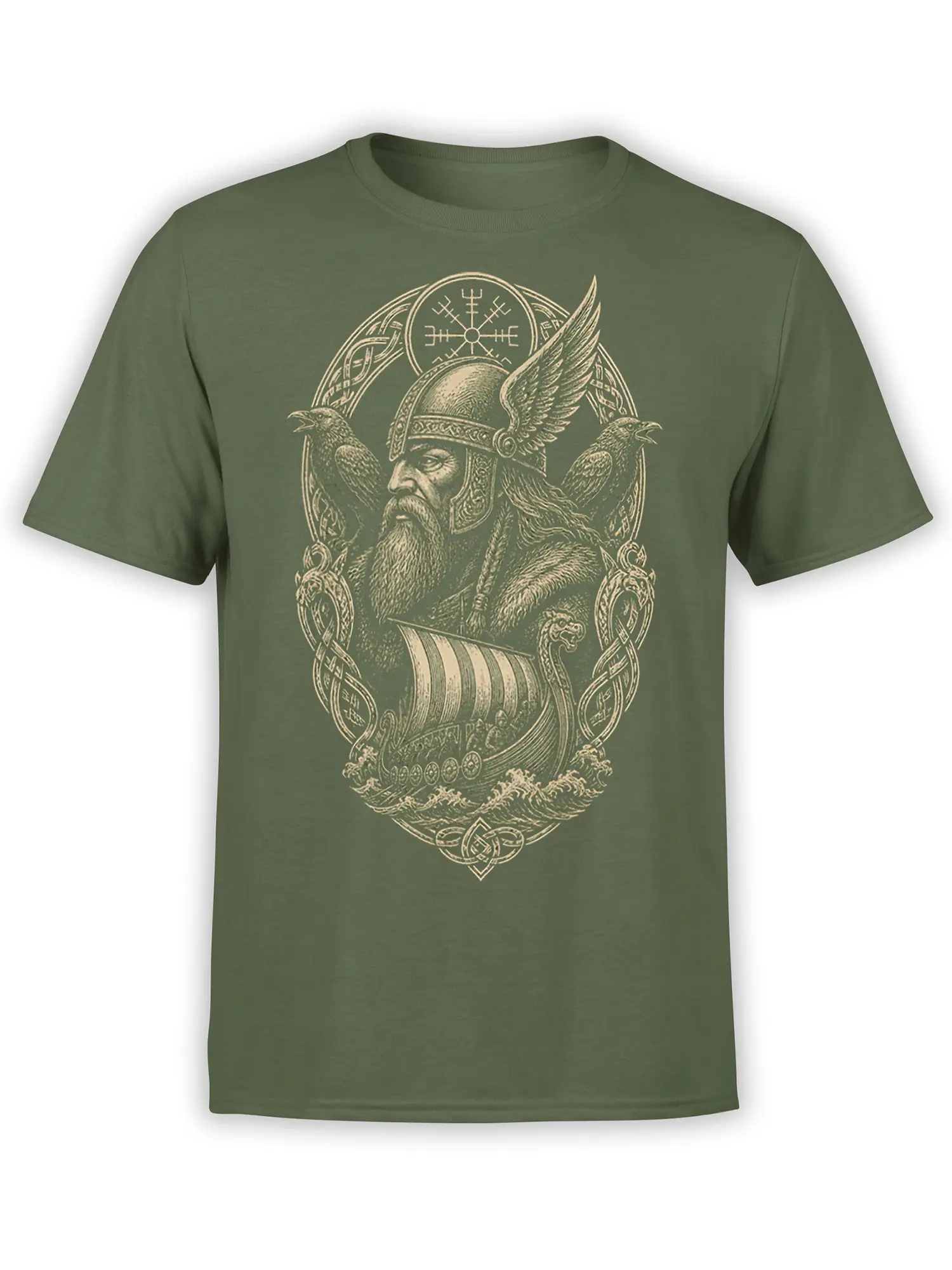 Green Viking T-shirt with bearded warrior, two ravens, longship, and Nordic symbols in cream artwork