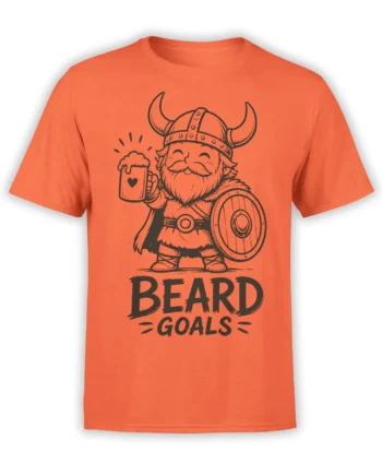 Orange Viking T-shirt with a bearded warrior holding beer and shield above bold “BEARD GOALS” lettering