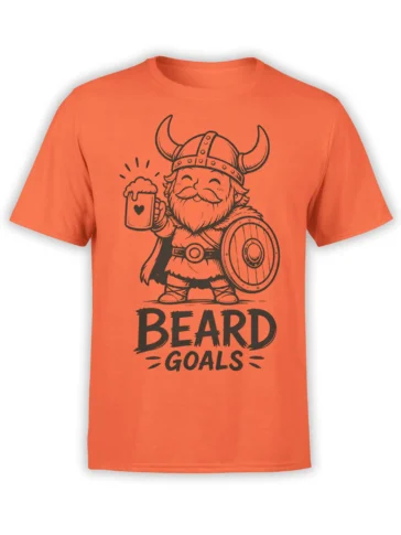 Orange Viking T-shirt with a bearded warrior holding beer and shield above bold “BEARD GOALS” lettering