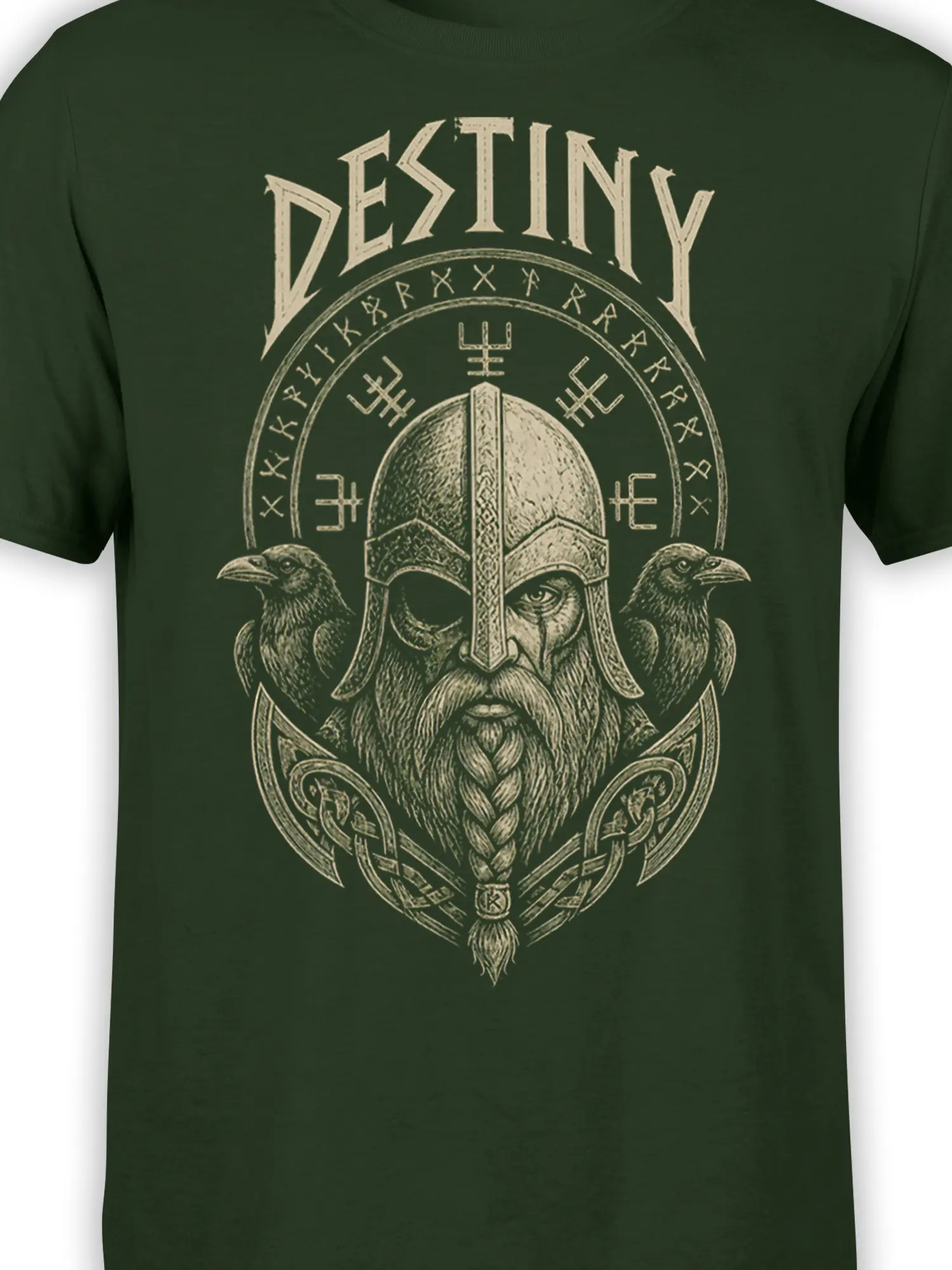 Close-up of Viking warrior T-shirt artwork with helmet, braided beard, ravens, and beige Norse-style symbols