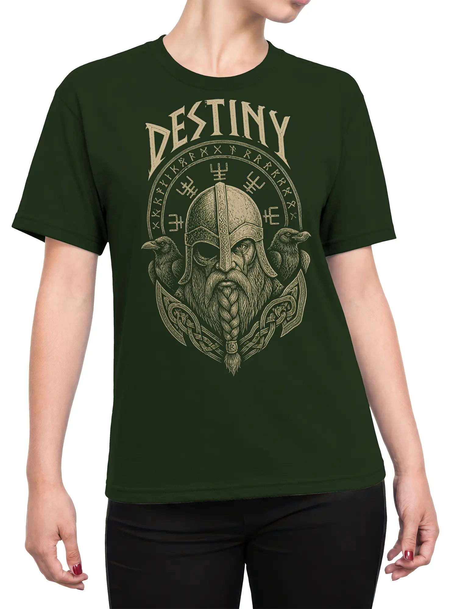 Female torso wearing a dark green Viking warrior T-shirt with ravens, runic symbols, and DESTINY artwork