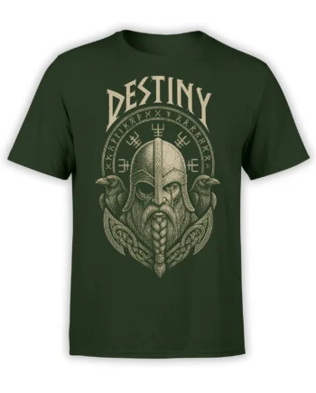 Dark green Viking warrior T-shirt with beige helmeted figure, ravens, runic symbols, and DESTINY lettering
