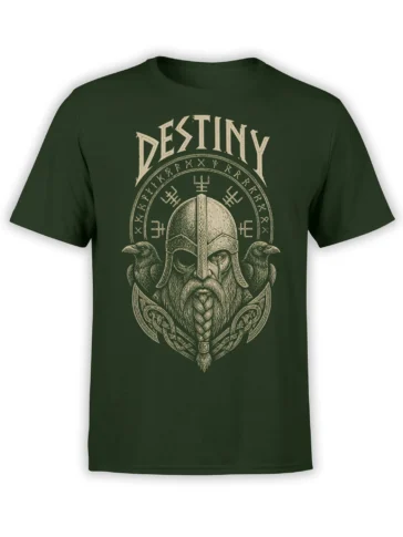 Dark green Viking warrior T-shirt with beige helmeted figure, ravens, runic symbols, and DESTINY lettering
