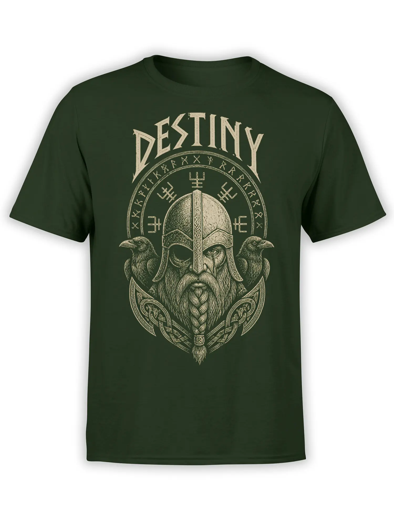 Dark green Viking warrior T-shirt with beige helmeted figure, ravens, runic symbols, and DESTINY lettering