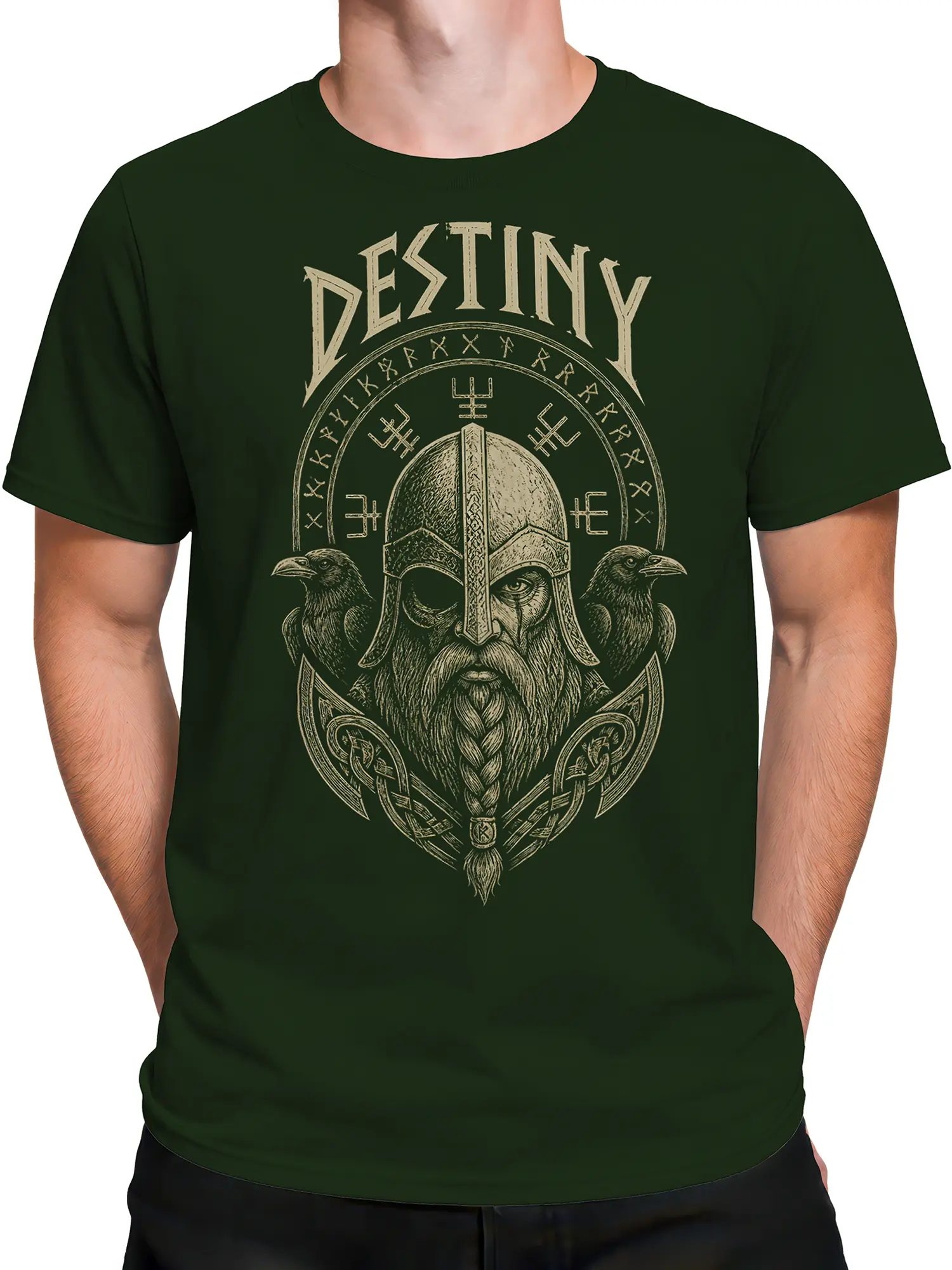 Male torso wearing dark green Viking warrior T-shirt with beige ravens, helmet, beard, and Norse-inspired artwork