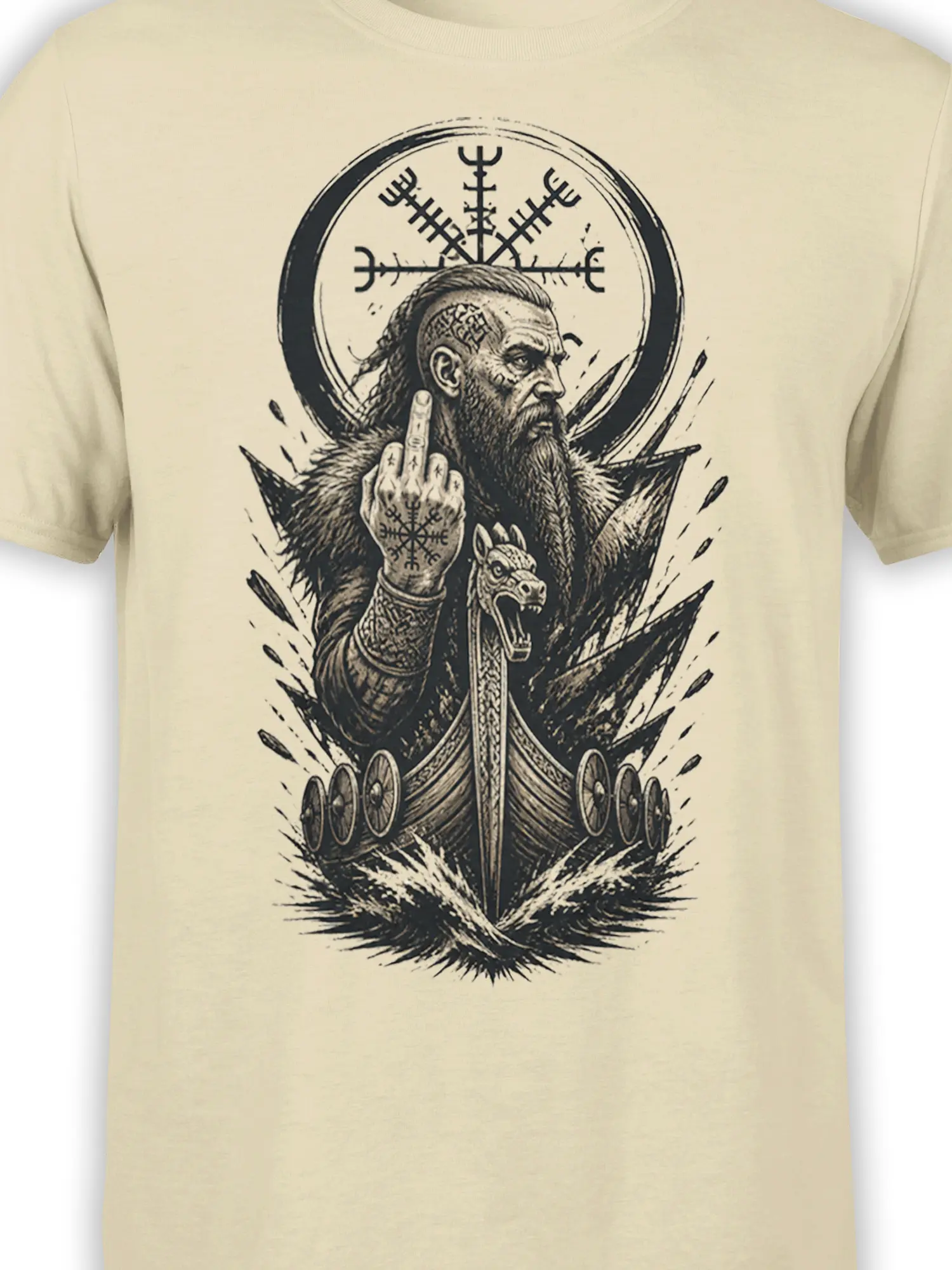 Close-up of beige Viking graphic tee showing the warrior, runes, raised middle finger, and dragon ship artwork