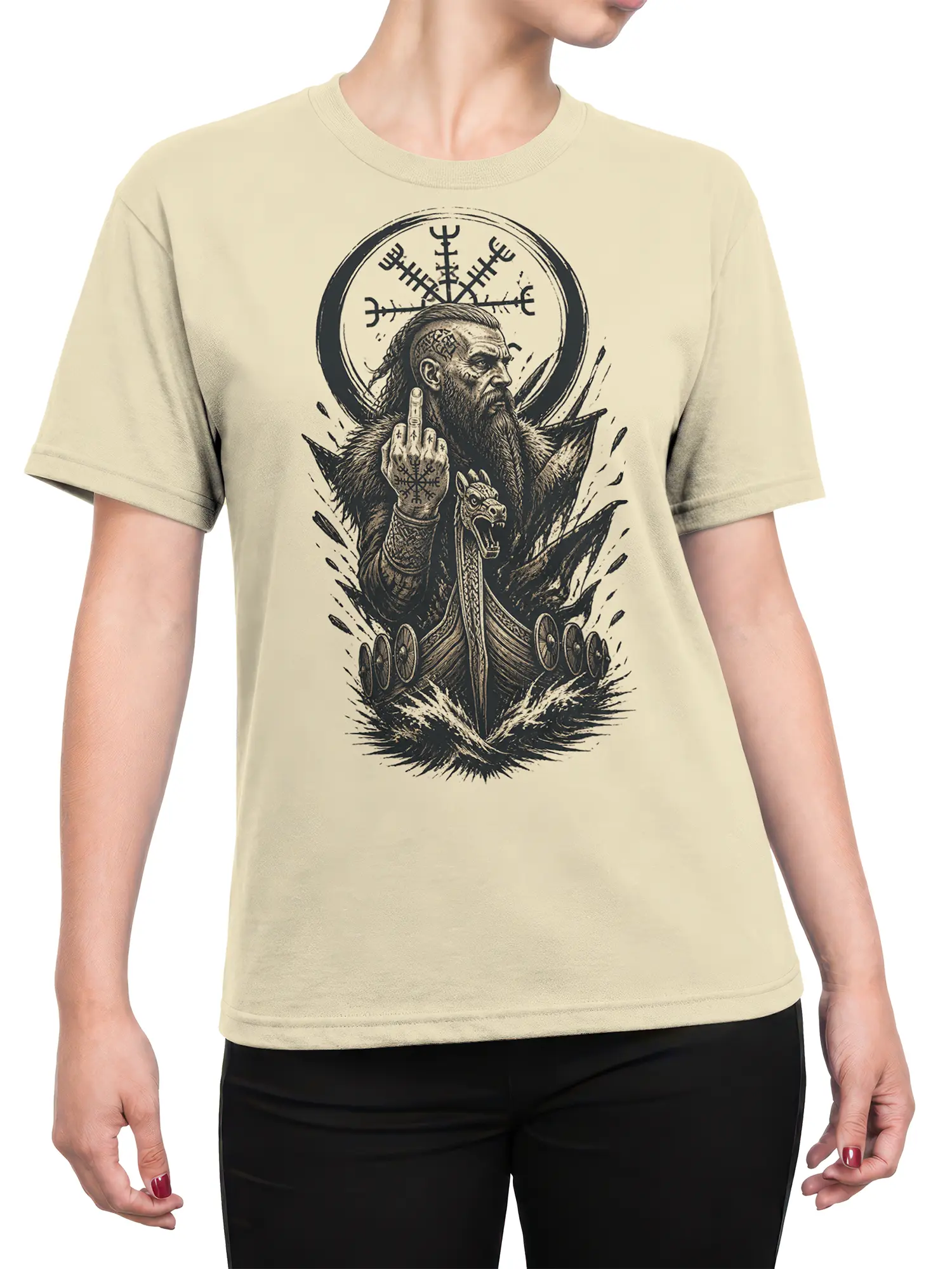 Female torso wearing a beige Viking T-shirt with a black warrior, runes, dragon ship, and rebellious raised finger design