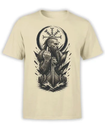 Beige Viking T-shirt with bearded warrior, runic compass, raised middle finger, shields, and dragon ship