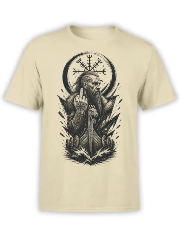 Beige Viking T-shirt with bearded warrior, runic compass, raised middle finger, shields, and dragon ship