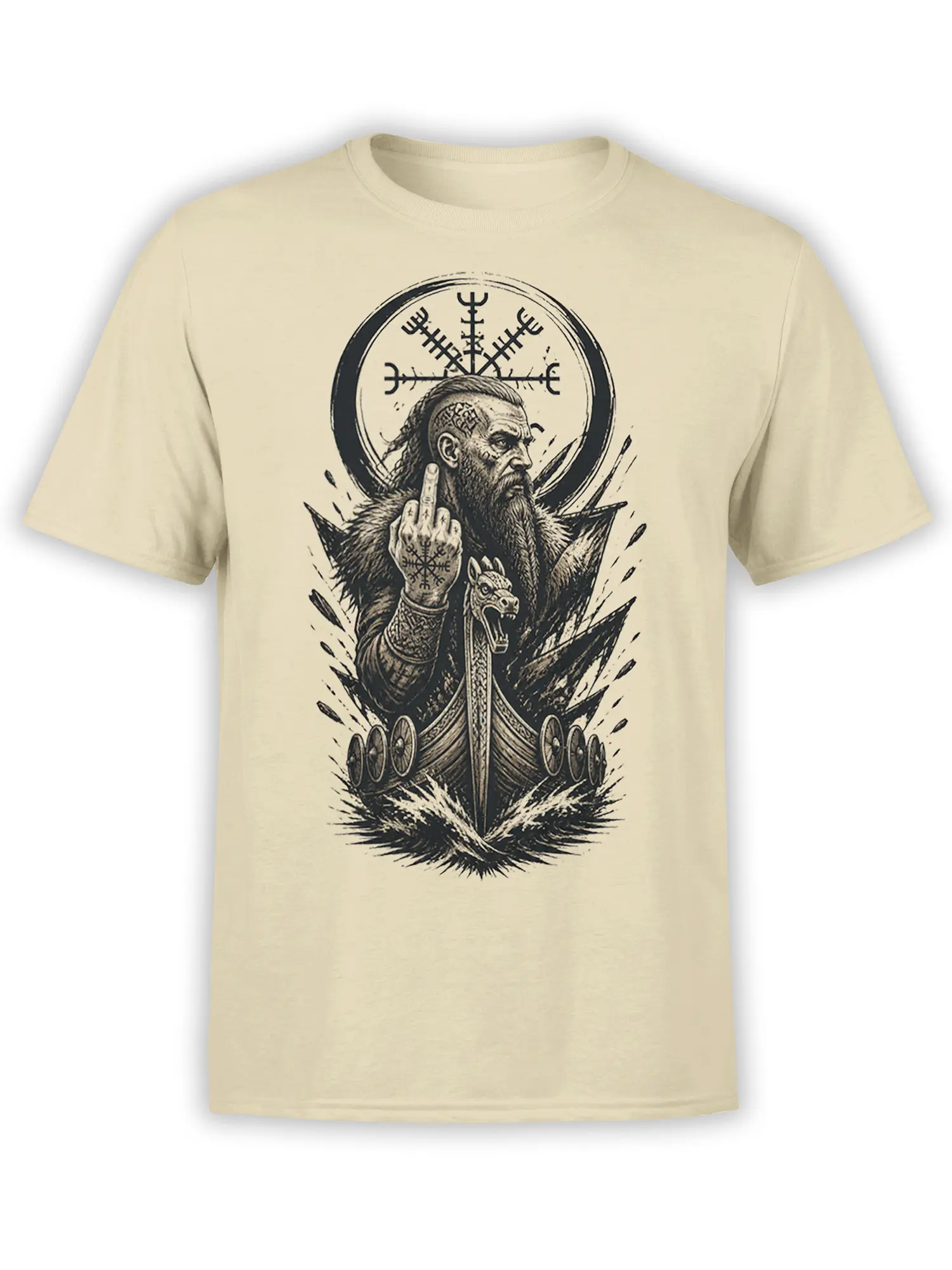 Beige Viking T-shirt with bearded warrior, runic compass, raised middle finger, shields, and dragon ship