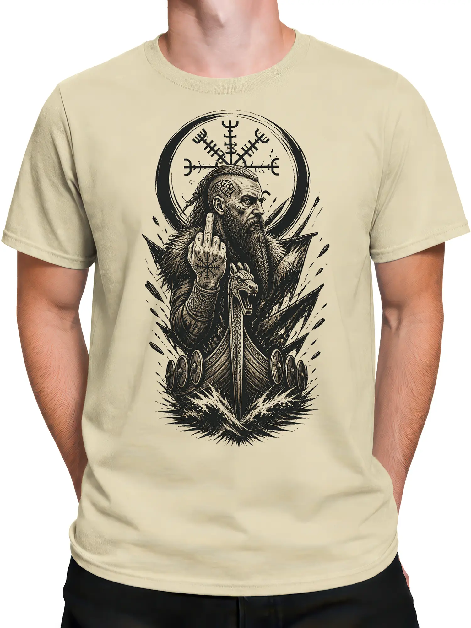Male torso wearing a beige Viking graphic T-shirt with a bearded warrior, Nordic runes, shields, and dragon ship