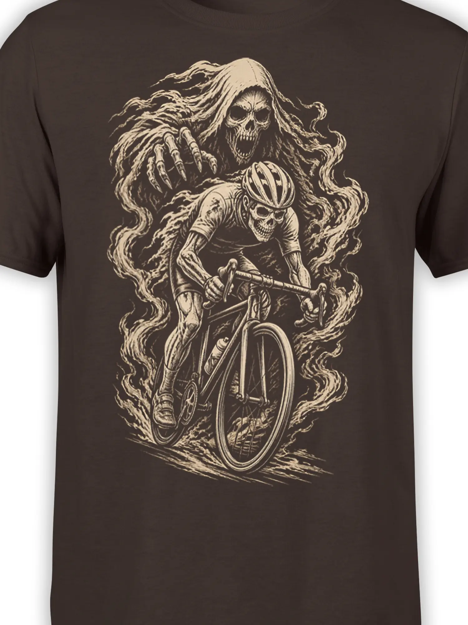 Close-up of Grim Reaper and skeletal cyclist bicycle artwork on a brown cycling T-shirt