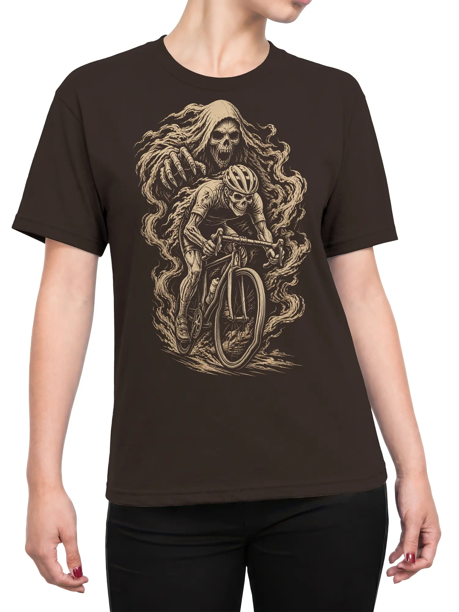 Female torso wearing a brown T-shirt with Grim Reaper and skeletal cyclist bicycle artwork
