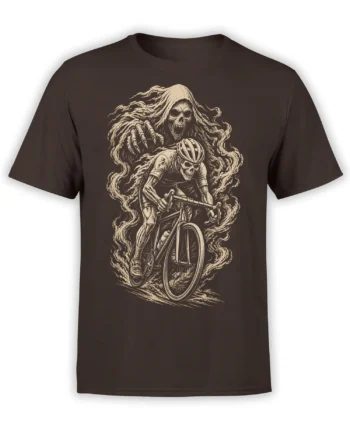 Brown cycling T-shirt with a Grim Reaper behind a skeletal cyclist riding a bicycle in cream artwork