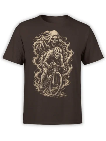 Brown cycling T-shirt with a Grim Reaper behind a skeletal cyclist riding a bicycle in cream artwork