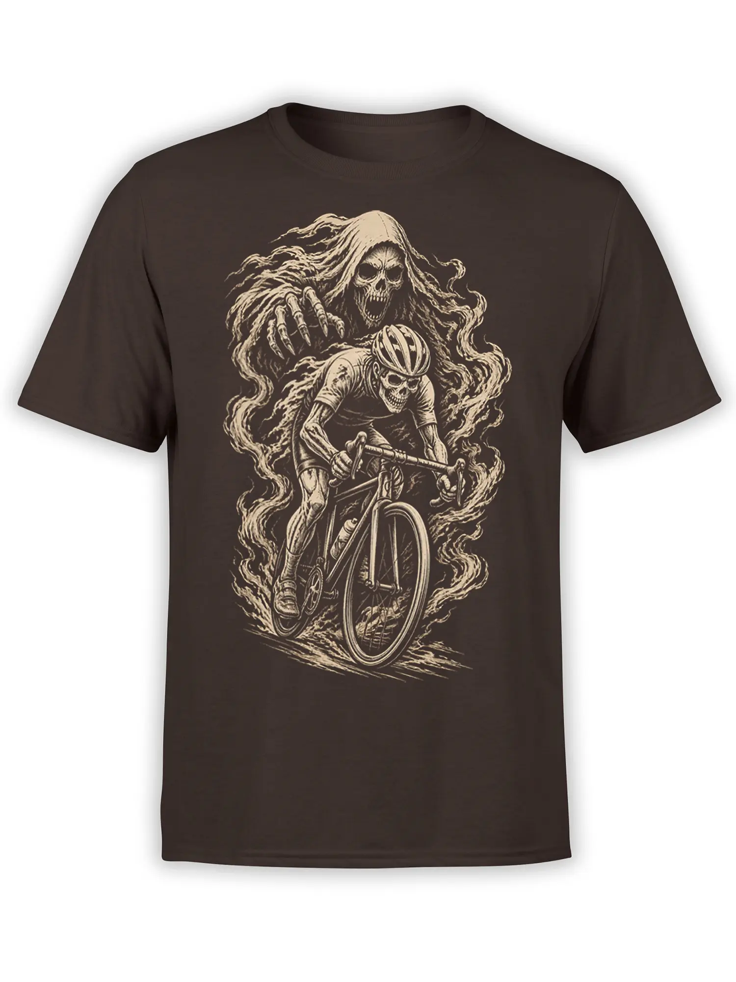 Brown cycling T-shirt with a Grim Reaper behind a skeletal cyclist riding a bicycle in cream artwork