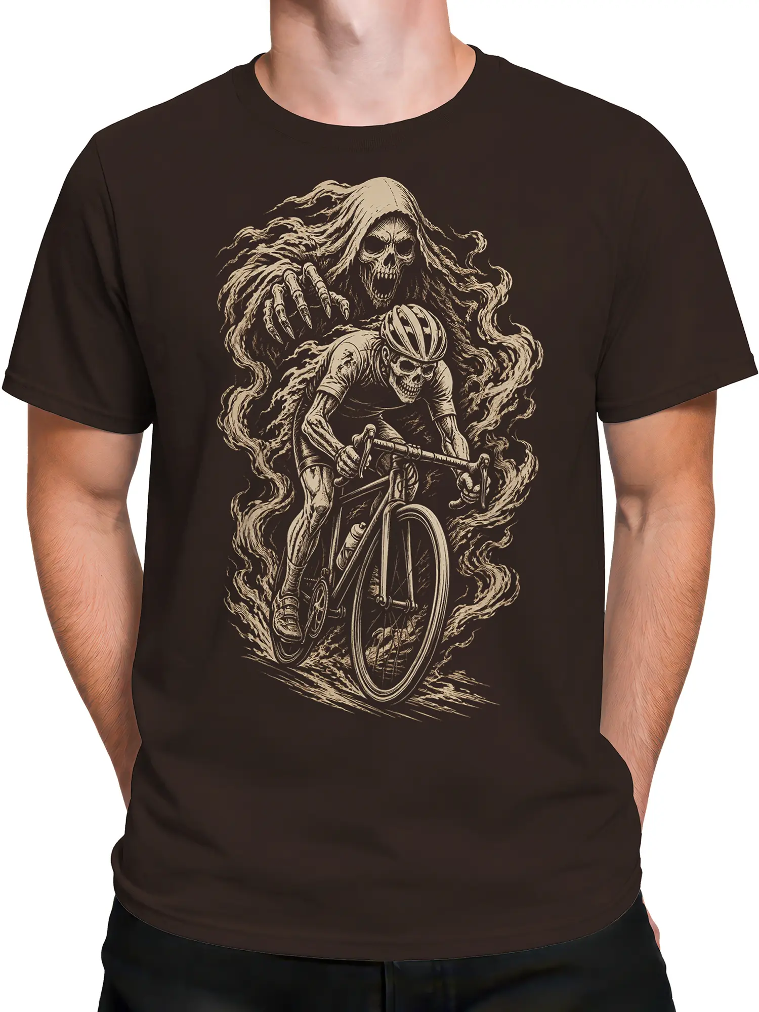 Male torso wearing a brown cycling T-shirt with skeletal cyclist and Grim Reaper artwork